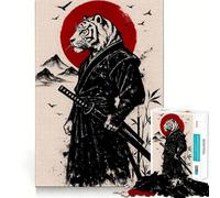 Rompecabezas de 1000 Piezas Samurái Tigre con Katana y Sol Rojo para Adultos Juego Inteligente para aliviar el estrés Montaje de Patrones Sorpresa navideña 50x75cm