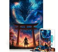 Rompecabezas de 1000 Piezas Samurái y dragón en la Puerta Torii para Adolescentes Juguete de lógica Fuerte Tiempo en Familia Borde Transparente Sorpresa cálida (38x26cm)