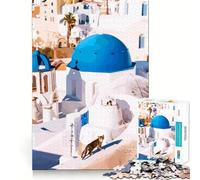 Rompecabezas de 1000 Piezas Santorini Grecia Gato Corte preciso Divertido Desafío Mental Juguete Juego para el Tiempo de Descanso Cumpleaños Arte Juego (38x26cm)