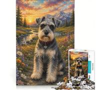 Rompecabezas de 1000 Piezas Schnauzer en Pradera al Atardecer Juego de ingenio Actividades Familiares con póster y Hoja de Preguntas a Juego 50x75cm