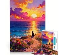 Rompecabezas de 1000 Piezas Silueta de Gato al Atardecer Vista al océano Flawless Fit Arte Entrenamiento Mental Diversión Tiempo de Descanso Juego Tranquilo (50x75cm)