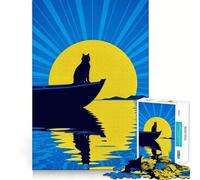 Rompecabezas de 1000 Piezas Silueta de Gato en Barco al Atardecer Arte de Corte preciso Diversión cognitiva Juego de Ocio Escena navideña Arte (38x52cm)