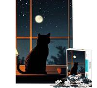 Rompecabezas de 1000 Piezas Silueta de Gato Junto a una Ventana por la Noche Juego Educativo desafío Juguete para ejercitar la Mente Hombres y Mujeres (Tamaño 38x52cm)