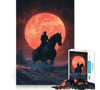 Rompecabezas de 1000 Piezas Silueta de Jinete bajo la Luna de Sangre para Adolescentes Recuerda, Mejora, Mente Tranquila, Arte de Corte Claro, Coleccionable 38x52cm