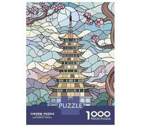 Rompecabezas De 1000 Piezas Stained Glass Pagoda and Cherry Blossoms Rompecabezas para Adolescentes Juego De Ingenio Regalos para Mujeres Cumpleaños Y Navidad 52x38cm/1000pcs