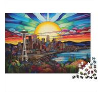 Rompecabezas de 1000 Piezas StainedGlassSeattleView, Mosaico de Puesta de Sol en Nueva York, para Adultos, Juegos educativos, decoración del hogar, desafío, Alta dificultad, 38x26cm Regalos
