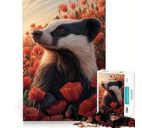 Rompecabezas de 1000 Piezas Tejón en un Campo de Amapolas Arte de Corte preciso Juego Que estimula la Mente Diversión para el Tiempo Libre Decoración navideña Regalo (38x26cm)