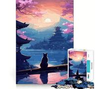 Rompecabezas de 1000 Piezas The Moon Night Cat para Adolescentes japoneses Piensa con Inteligencia, Juguete para Fortalecer los Lazos Familiares, Corte Suave, Lista de Deseos de Papá Noel 50x75cm