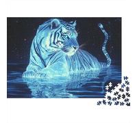 Rompecabezas de 1000 Piezas Tigre Azul Noche Estrellada con Reflejo de Tigre Azul Brillante. Juego Educativo para Adultos. Difícil y desafiante. cumpleaños 38 x 26 cm.