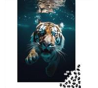 Rompecabezas de 1000 Piezas: Tigre buceando en Agua Azul. Rompecabezas Cuadrados creativos para Adultos y Rompecabezas de Madera. Juego desafiante de 1000 Piezas (75x50cm).
