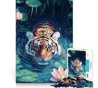 Rompecabezas de 1000 Piezas Tigre Nadando en un Estanque de lotos para Adultos Juguete para ejercitar la Mente Diversión Casual Corte de precisión Regalo artístico 50x75cm
