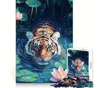 Rompecabezas de 1000 Piezas Tigre Nadando en un Estanque de lotos para Adultos Juguete para ejercitar la Mente Diversión Casual Corte de precisión Regalo artístico 50x75cm