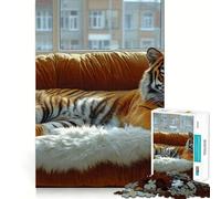 Rompecabezas de 1000 Piezas Tigre relajándose en un sofá para Adolescentes Juguete para ejercitar la Mente Tiempo de relajación Diseño artístico de Corte preciso 38x26cm