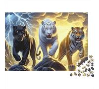 Rompecabezas de 1000 Piezas Tres Tigres Rugiendo - Grandes Felinos - Tormenta - Relámpagos - Juegos Educativos para Adultos - Hermosa Decoración - Desafiante - Regalo de Cumpleaños para - 52x38cm