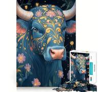 Rompecabezas de 1000 Piezas Vaca Azul con diseño Floral,Arte de Corte preciso,Actividad de Juego Inteligente,Tiempo de Juego Tranquilo,Regalo de decoración de cumpleaños 38x52cm