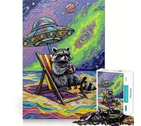 Rompecabezas de 1000 Piezas Vacaciones en la Playa con mapaches bajo un OVNI para Adolescentes Ideal para desarrollar la Memoria Fácil de Usar Bordes limpios Sorpresa navideña (50x75cm)