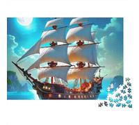 Rompecabezas de 1000 Piezas: Velero bajo la Luna, Barco Pirata Antiguo, para Adultos de 12 años en adelante, Juegos educativos, Hermosa decoración, Difícil, Desafiante, Cumpleaños, 38x26cm Regalos