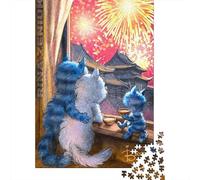 Rompecabezas de 1000 Piezas Vista de Fuegos Artificiales y Familia de Gatos Azules, Papel Reciclado para Adultos, Regalo Idea Regalo 38x26cm/1000pcs