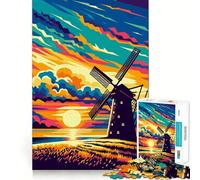 Rompecabezas de 1000 Piezas Windmill Sunset WPAP Art para Adultos Diversión Garantizada Corte láser Tiempo de relajación y Ejercicio Mental en casa (50x75cm)