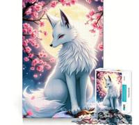 Rompecabezas de 1000 Piezas Zorro Blanco bajo Flores de Cerezo para Adultos Divertido Juego de Memoria Componentes Resistentes y de Corte Limpio aliviar el estrés (38x26cm)