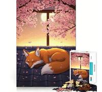 Rompecabezas de 1000 Piezas Zorro durmiendo bajo Flores de Cerezo para Adolescentes Juguete de lógica Mental Tiempo Libre Bordes Finos 38x26cm