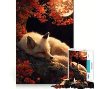 Rompecabezas de 1000 Piezas Zorro durmiendo bajo la Luna de otoño para Adolescentes Juguete para aliviar el estrés Diseño artístico y fácil de Usar 38x52cm