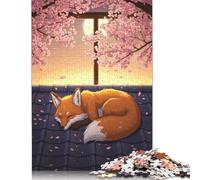 Rompecabezas de 1000 Piezas Zorro durmiendo bajo los cerezos en Flor para Adultos. Rompecabezas de Madera de 75x50cm. Juego desafiante para Toda la Familia.