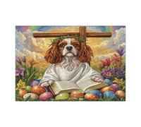 Rompecabezas de 300 piezas con diseño de perro Cavalier King Charles Spaniel de Pascua, para adultos, diseño retro con forma de cruz de huevo, cachorros, decoraciones de patrón de campo para fiestas