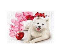 Rompecabezas de 300 Piezas de Perro Samoyedo con Flores Rosas para Adultos. Rompecabezas de Madera para Adultos Mayores.
