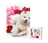 Rompecabezas de 300 Piezas de Perro Samoyedo con Flores Rosas y Caja de Regalo para Adultos. Rompecabezas de Madera.