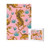 Rompecabezas de 300 Piezas de Tigres Bailando sobre un Tigre asiático Rosa, Dorado, Naranja y Negro, con Caja de Embalaje para Adultos. Rompecabezas de Madera.