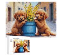 Rompecabezas de 300 piezas para adolescentes, cachorros dorados con flores amarillas, rompecabezas para adultos, decoración de pared, decoración perfecta desafiante para completar 300 piezas