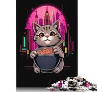 Rompecabezas de 500 Piezas de Gato Comiendo Ramen en la Ciudad de neón. Rompecabezas Creativo de Madera para Adultos. Juego Educativo (52 x 38 cm).