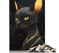 Rompecabezas de 500 Piezas de Gato esfinge Dorado con Noche Estrellada. Rompecabezas de Madera, Juguete Educativo para aliviar el estrés (52 x 38 cm).