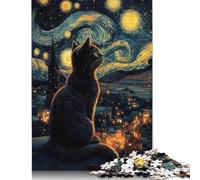 Rompecabezas de 500 Piezas de Madera de Gato Negro bajo una Noche Estrellada, Juguetes educativos, 500 Piezas (52 x 38 cm)