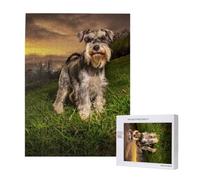 Rompecabezas de 500 Piezas de Madera, Juguete Familiar para Adultos y Adolescentes,Schnauzer Atardecer Perros Mascotas Montañas Schnauzer