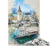 Rompecabezas de 500 Piezas de Zúrich en Acuarela para Adultos y Rompecabezas de Madera para Actividades Familiares (52 x 38 cm)