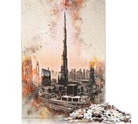 Rompecabezas de 500 Piezas del Burj Khalifa en Acuarela para Adultos, Rompecabezas de Madera, Juguetes de Entretenimiento Familiar, 52 x 38 cm