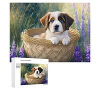 Rompecabezas de 500 piezas para adolescentes, adorable cachorro en cesta con rompecabezas de lavanda, juego práctico para mejorar la memoria para cumpleaños, Navidad, 500 piezas