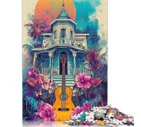 Rompecabezas de 500 Piezas para Adultos, diseño de casa Vintage con Guitarra y Flores, de Madera, Ideal para retos mentales (52 x 38 cm)