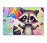 Rompecabezas de 500 piezas para adultos, divertido y tonto, arte de paisaje floral, lindo mapache colorido, oso cometa, 20.5 x 14.9 pulgadas