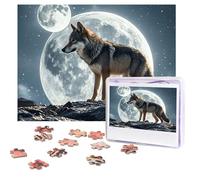 Rompecabezas de 500 piezas personalizables, lobo bajo la luna, imagen desafiante con bolsa de almacenamiento, rompecabezas de fotos para adultos y bodas (52 x 38 cm)