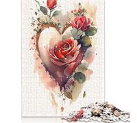 Rompecabezas de Acuarela con Forma de corazón y Rosa, Divertido Rompecabezas de cartón Premium para Adultos y Adolescentes, 1000 Piezas (26 x 38 cm)