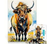 Rompecabezas de Acuarela con Retrato de Vaca de Las Tierras Altas 1000 Piezas Juego Interactivo para estimular el Pensamiento Cierre Seguro sin Piezas Sueltas desafío Mental para el hogar (38x52cm)
