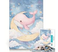 Rompecabezas de Acuarela de Ballena Rosa en la Luna para Adolescentes, 1000 Piezas, Wise Think Toy Gentle Leisure Tight Cut Santa Wish List (38x52cm)