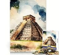 Rompecabezas de Acuarela de Chichén Itzá para Adultos 1000 Piezas,un Reto para el Pensamiento,diversión Tranquila,sin Bordes ásperos,Regalo Festivo (38x26cm)