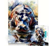 Rompecabezas de Acuarela de hipopótamo en el Agua 1000 Piezas para Adultos Juego de lógica Corte de precisión Bordes Lisos reuniones Familiares (50x75cm)