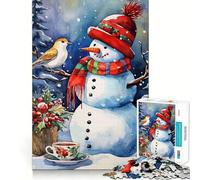 Rompecabezas de Acuarela de muñeco de Nieve con pájaro y té 1000 Piezas Juego de concentración Mental diseño Ajustado sin Huecos desafío Cerebral Interactivo para el hogar (50x75cm)