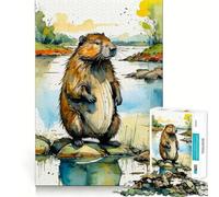 Rompecabezas de Acuarela de un Castor Junto al río 1000 Piezas Juego Divertido sin Rebabas Piezas de Corte Limpio portátil Ideal para Viajar (38x52cm)