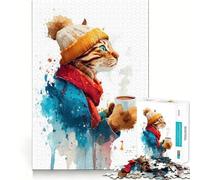 Rompecabezas de Acuarela de un Gato con café en Invierno para Adolescentes 1000 Piezas Mejora la Capacidad Juego tamaño Uniforme Piezas precisas Actividad Nocturna Divertida para Toda la Familia